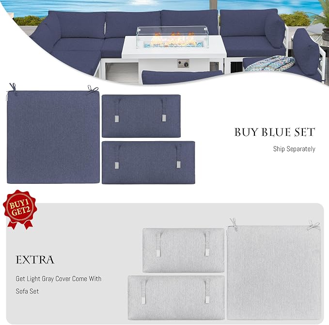 BULEXYARD 9 Pcs Oversized Contemporary Aluminum Patio Furniture Set, All Weather Modular Sectional Sofa with Tanning Chair & Fireplace, 500 lbs Heavy Duty Comfy Outdoor Couch for Beach Deck, Navy Blue