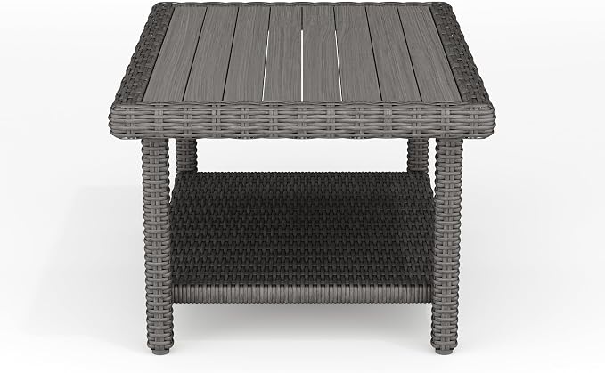 Martha Stewart Bedford Indoor-Outdoor Patio Coffee Table with Lower Shelf, Faux Wood Top, and Rattan Wicker Finish in Gray