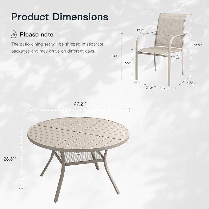 VICLLAX 7 Pieces Patio Outdoor Dining Set, 47.2" Round Metal Table with Umbrella Hole and Storage Shelf, 6 Stackable Textilene Chairs for Patio, Lawn, Garden, Porch, Black/Sandshell