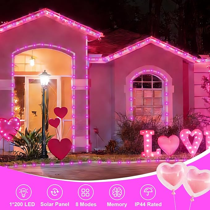 QITONG Pink Solar Rope Lights Outdoor, 66ft 200 LED String Light, 8 Modes Fairy Lights in Clear Thin Tube with 8 Modes