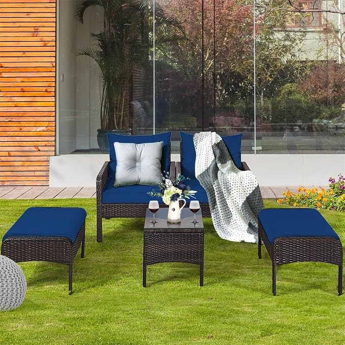 5 PCS Patio Rattan Wicker Furniture Set Sofa Ottoman Coffee Table Cushioned Navy