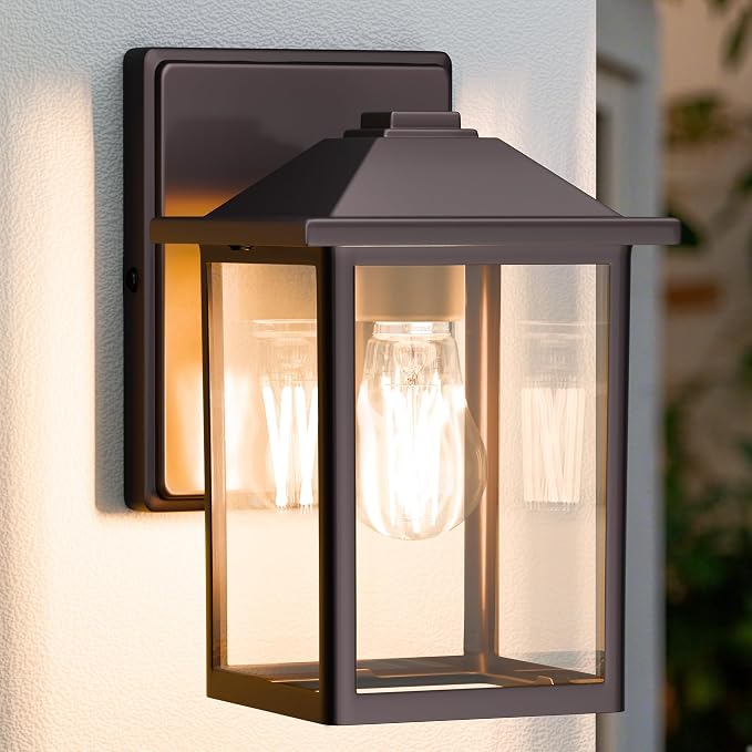 MATAMEYE Outdoor Wall Light Fixture, Exterior Waterproof Porch Lighting | Dark Chocolate Patio Wall Lantern, Anti-Rust, Clear Glass, E26 Socket, Wall Mount Sconce Lighting, Outside Front Door Light