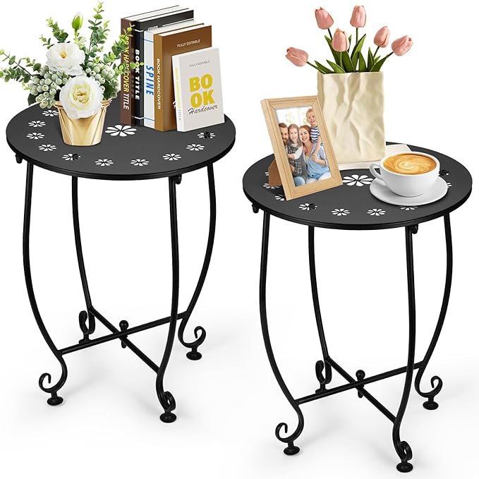 2 Pack Small Outdoor Side Tables for Patio, 14 Inch Metal Patio Side Table, Weather Resistant Steel Outdoor Round End Table for Patio Porch Garden Yard Balcony, Black (Petal)