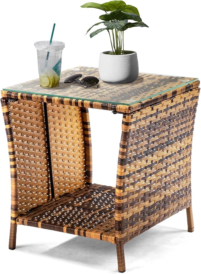 Wicker Rattan Side Table, Outdoor Square Rattan Coffee End Table Patio Wicker Table with Tempered Glass Top and Storage for Garden Porch Deck Backyard (Yellow Gradient)