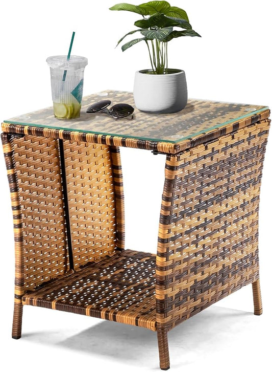 Wicker Rattan Side Table, Outdoor Square Rattan Coffee End Table Patio Wicker Table with Tempered Glass Top and Storage for Garden Porch Deck Backyard (Yellow Gradient)