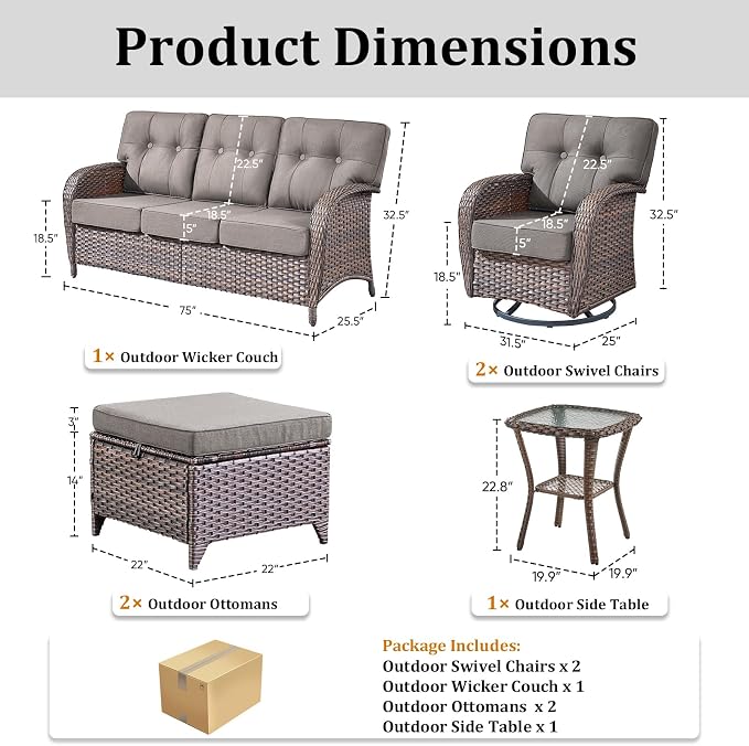 Patio Furniture Set, 6PCS Outdoor Wicker Conversation Set with Side Table, High Back Rattan Sofa & Swivel Rocker Chairs, Weather Resistant Olefin Fabric for Garden, Poolside Brown/Grey