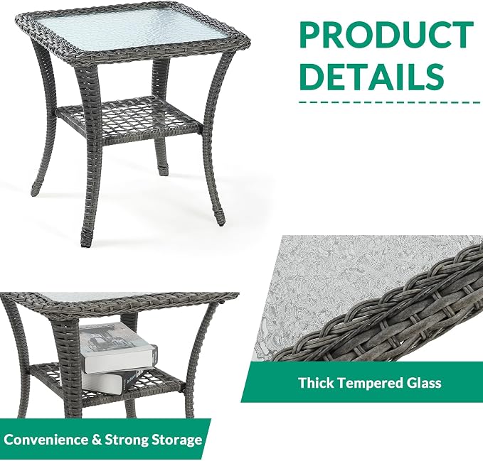 VIVIJASON Outdoor Wicker Side Table, All-Weather Rattan Patio Side Table Bistro Table with 2-Tier Storage, Tempered Glass Top Square End Table for Indoor, Balcony, Garden, Porch, Deck, Gray