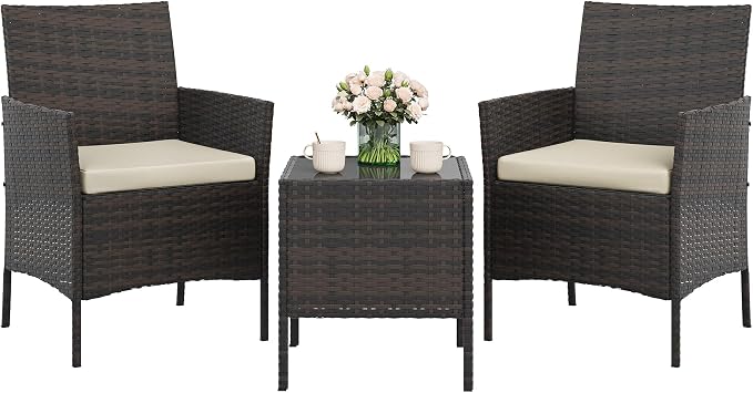 GAOMON 3-Piece Patio Furniture Set, Modern PE Rattan Conversation Set with 2 Chairs & Tempered Glass Coffee Table, All-Weather Outdoor Seating for Garden, Porch, Balcony, Poolside, Brown/Cream