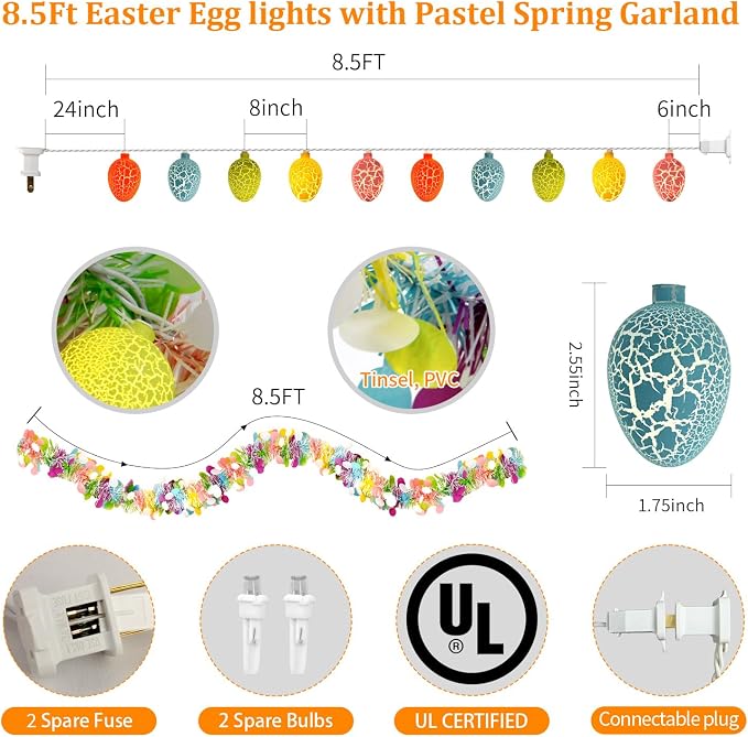 8.5Ft Easter Garland Lights with 10L LED Easter Egg String Lights Plug in and Pastel Tinsel Spring Garland Decorations for Indoor Holiday Home Bedroom Classroom Easter Decor