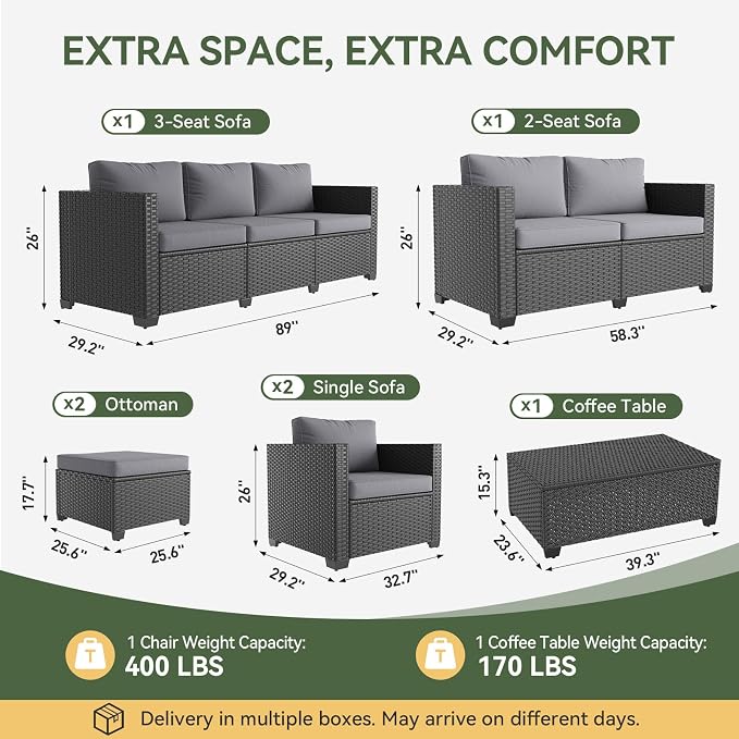 Aoxun 10 Piece Outdoor Patio Furniture Set 9 Seats, Outdoor Sectional with Thick Waterproof Cushions, Patio Conversation Sets for Garden,Backyard, Porch, Balcony, Deck, Black & Gray