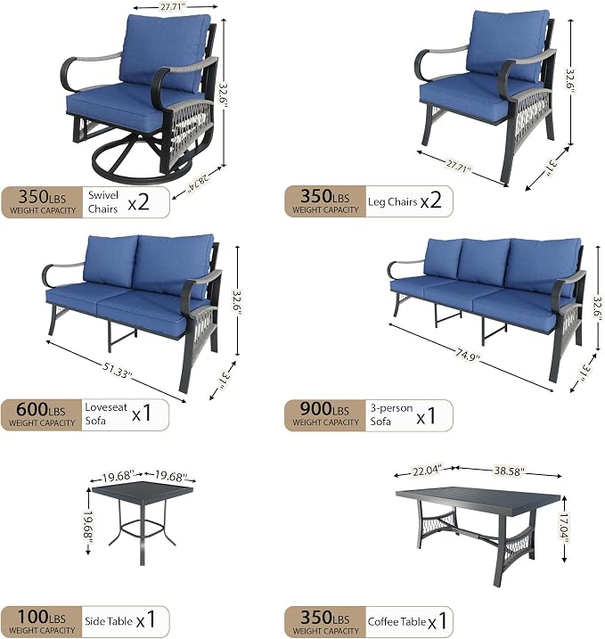 8 Pieces Patio Furniture Set, Metal Outdoor Conversation Sets with Swivel Chairs, Modern Couch Sofa Seating Group with Coffee Table and Side Table (Thick Blue Cushions)