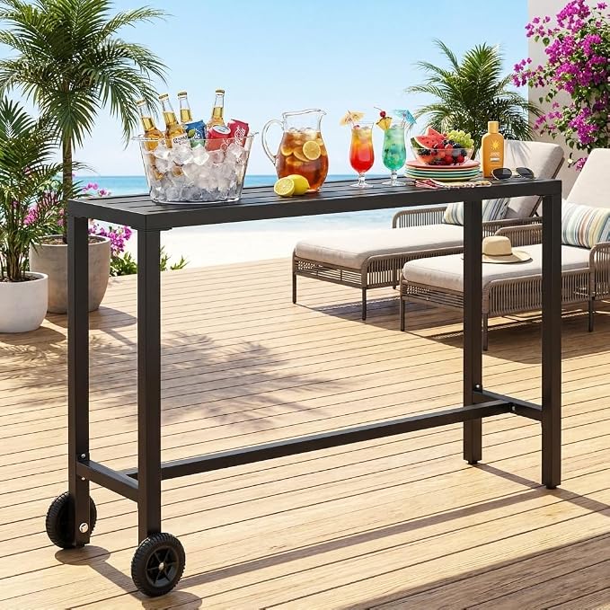 YITAHOME Outdoor Bar Table with Wheels, 55" Metal Patio Bar Height Table, Narrow Rectangle Console Table for Balcony Garden Poolside, Black