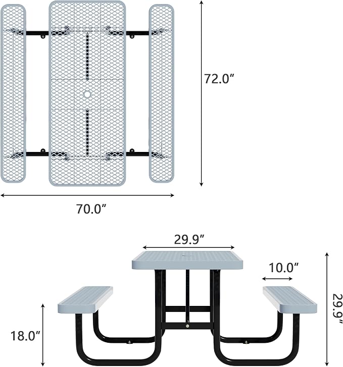 Picnic Tables for Outdoors,Commercial Metal Picnic Table Bench Set with Umbrella Hole,School Canteen Tables W/Seats - Heavy Duty Sturdy Picnic Tables Furniture for Patio Garden (Grey, 6FT)