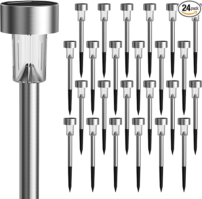 GIGALUMI 24 Pack Solar Lights Outdoor Waterproof,Stainless Steel LED Solar Garden Lights, Outdoor Solar Lights for Yard | Solar Pathway Lights, Solar Garden Lights for Patio, Lawn, Yard and Landscape LED (Cold White)