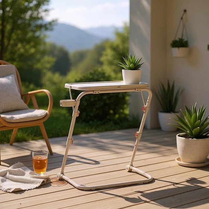Homy Casa Folding Patio Dining Table Portable Coffee Desk with Adjustable Height Tilt Top and Cup Holder for Garden Balcony and Terrace (Beige)