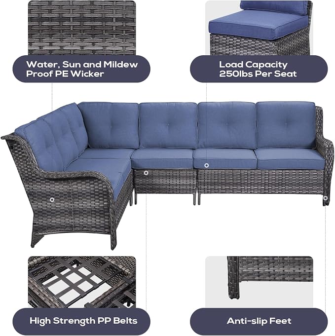 Belord Patio Furniture Set 6 Seats, Oversized Outdoor Sectional Couch, Two 3-Seater Sofas with Coffee Table, Patio Conversation Sets,Ideal for Porch, Deck, Gray Wicker/Blue