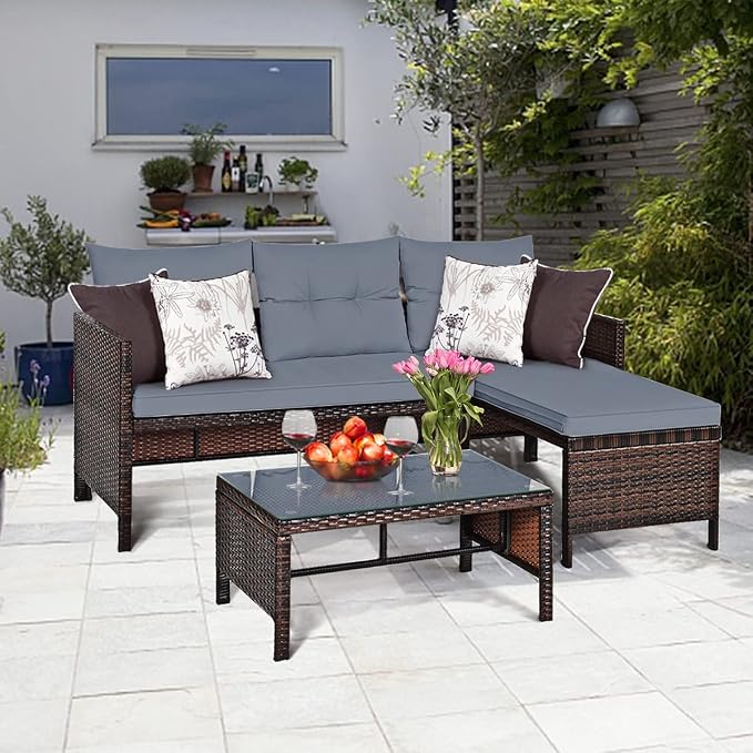 RELAX4LIFE 3-Piece Patio Furniture Set, Outdoor Wicker Sectional Sofa Set w/Washable Cushion, Tempered Glass Coffee Table, Rattan Conversation Set Outdoor Couch for Garden Backyard Deck (Grey)