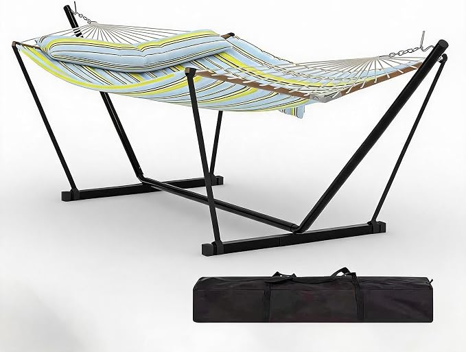 2-Person Double Hammock with Adjustable Steel Stand and Pillow, Durable Portable Outdoor Hammock Set, Supports Up to 450LBS for Patio, Garden, Beach, Backyard
