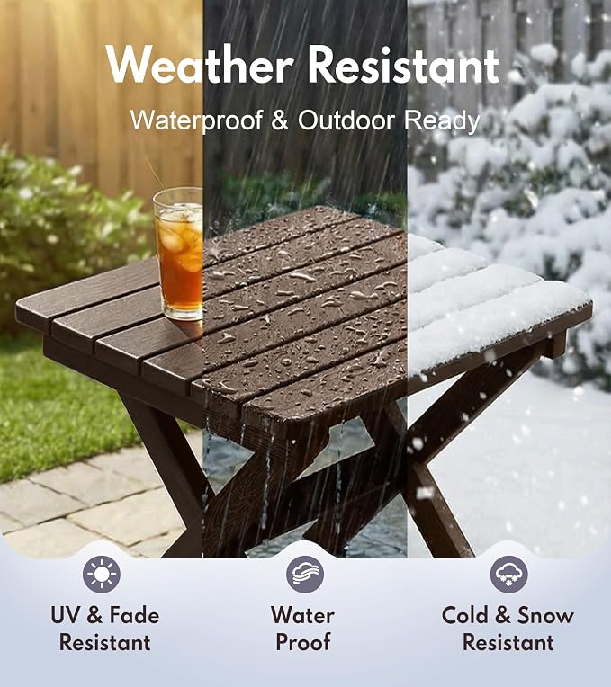 PASAMIC Folding Outdoor Side Table, HDPE Outdoor End Table, All-Weather Patio Table with 17.7" Wide Tabletop, No Assembly, for Porch, Deck, Poolside, Brown