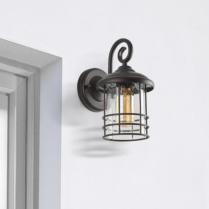 MICSIU Narrow 5.5" Wide Bronze Porch Light 1 Pack, H9.8 Vintage Farmhouse | Metal Round WaterProof Outdoor Wall Sconce, Seedy Glass Outside Fixture For Small Sidelight, Front Door, Garage