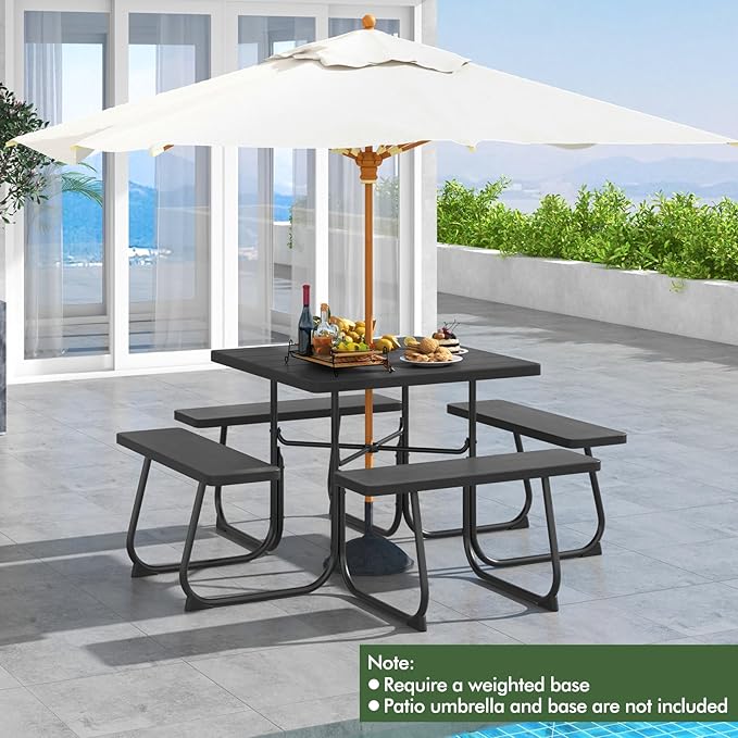 HAPPYGRILL 4-8 Person Square Picnic Table Bench Set with Umbrella Hole, Outdoor Camping Table with HDPE Material and Sturdy Metal Frame for Patio, Garden and Backyard, Black