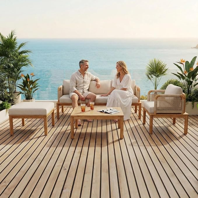 Patio Furniture Set of 4, Outdoor Sectional Furniture with Coffee Table and Ottoman, All-Weather Patio Conversation Set for Backyard, Garden and Poolside (Series A)