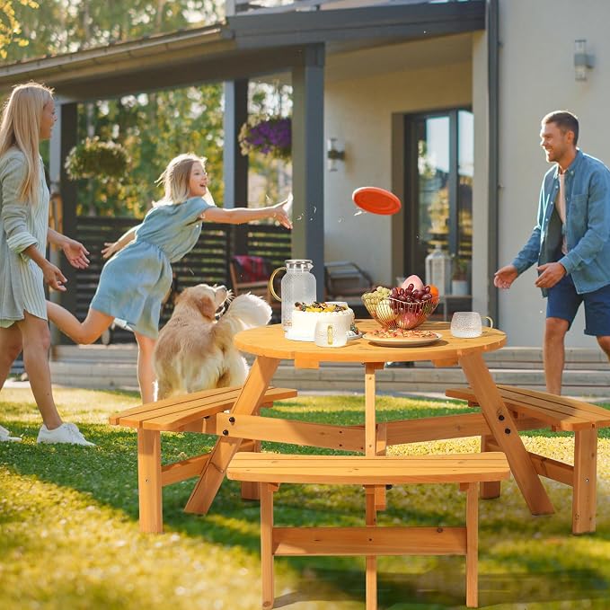 VINGLI 6 Person Wooden Picnic Table, Cedar Wood Patio Table with 3 Built-in Benches, 300LBS Capacity Outdoor Picnic Table Set with Umbrella Hole for Garden, Patio, Backyard, Natural