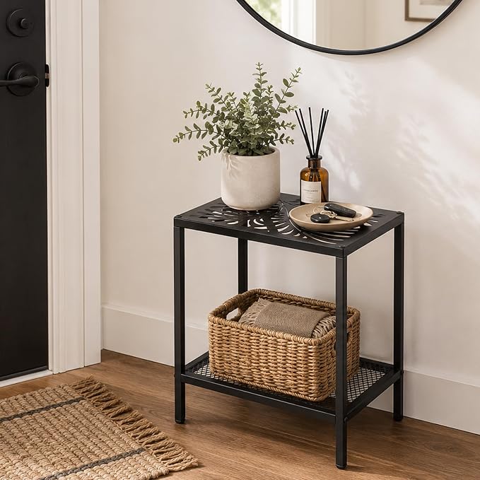 2-Tier Metal Side Table Rectangle Small End Table with Storage Shelf Laser-Cut Leaf Pattern Accent Table Indoor Outdoor Small Space Coffee Table for Living Room, Bedroom, Patio, Plant Stand, Black