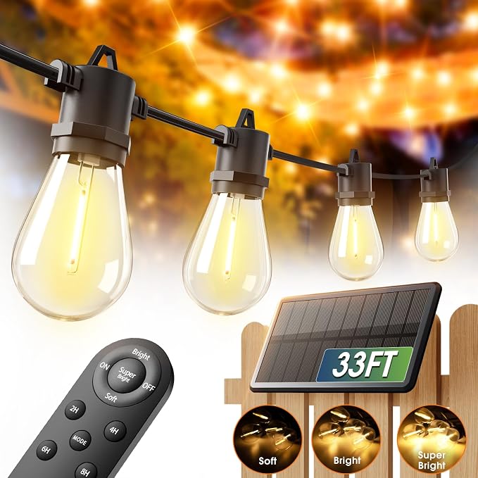 addlon 33FT(27+6) Solar String Lights Outdoor, Last 20+ Hrs, USB Charging | IP65 Waterproof. Dimmable Timer via Remote. Memory, 3 Modes, 2700K Warm White. Easy Install for Patio, Backyard, Porch.
