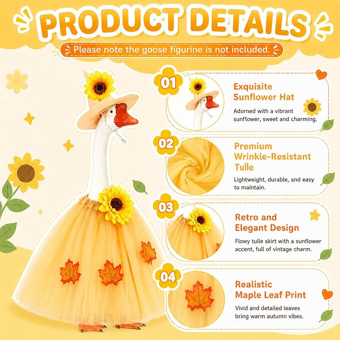 Fall Porch Goose Outfits for 23" Statues, Geese Clothes with Daisy Hat | Exquisite porch goose dress with realistic maple leaves and an elegant skirt for charming fall porch and garden décor