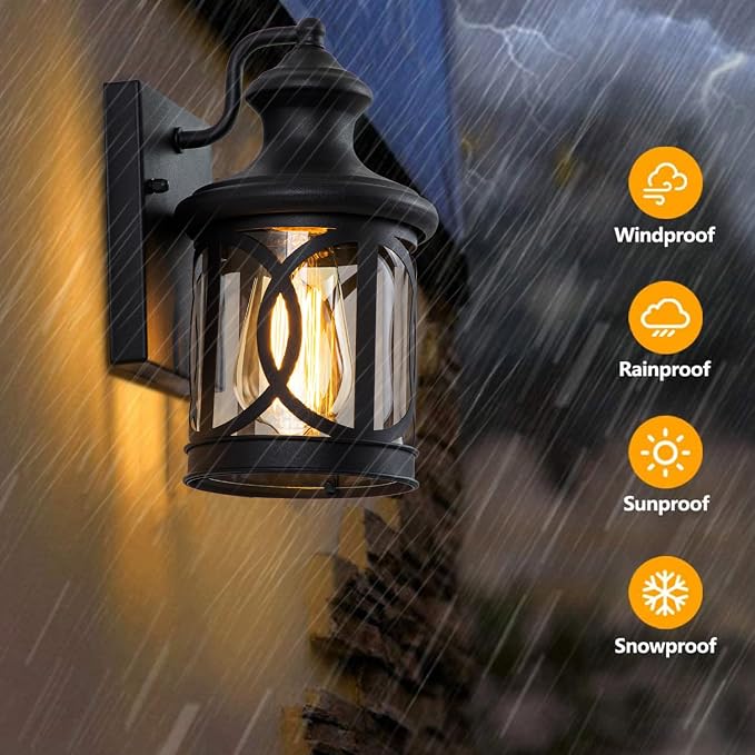 2-Pack Outdoor Wall Lights, Porch Lights, Waterproof Outdoor Wall Sconce, Exterior Light Fixtures Matte Black with Clear Glass Shade for House Garage Patio Front Door Balcony