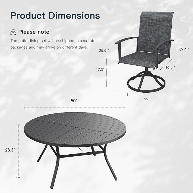 VICLLAX 7 Pieces Patio Outdoor Dining Set, 6 Swivel Textilene Chairs and 50" Round Metal Table with Umbrella Hole for Porch, Deck, Garden, Black