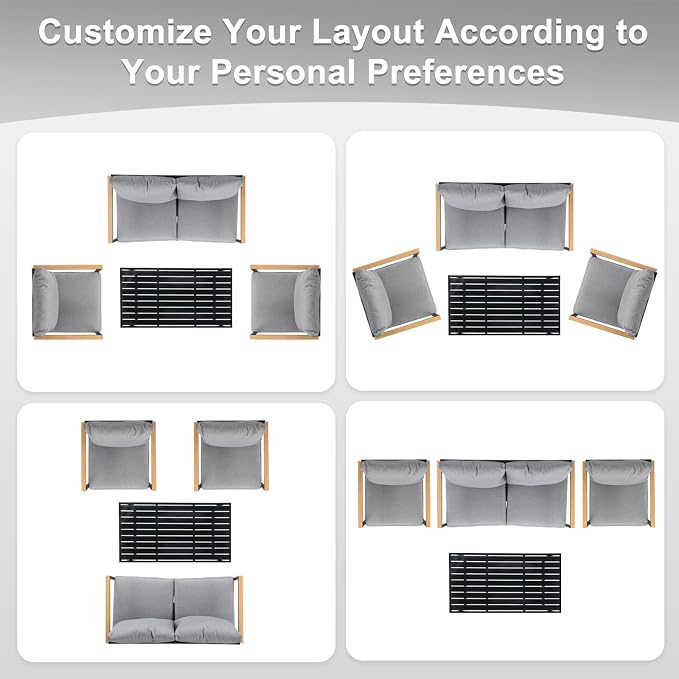 Outvita Outdoor Patio Furniture Set, 4 Pieces Patio Furniture with Coffee Table Set, Metal Conversation Sets with Wood Armrest & Removable Washable Cushions for Balcony, Deck and Poolside