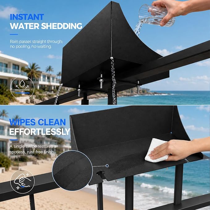 Balcony Railing Table, Clamp-On for Flat & Square Rails, Wine Glass Slots | Heavy-Duty Alloy Steel Carbon Coating, Balcony Deck Outdoor Patio, Drain Holes, Easy Installation, 17"Lx7.8"W