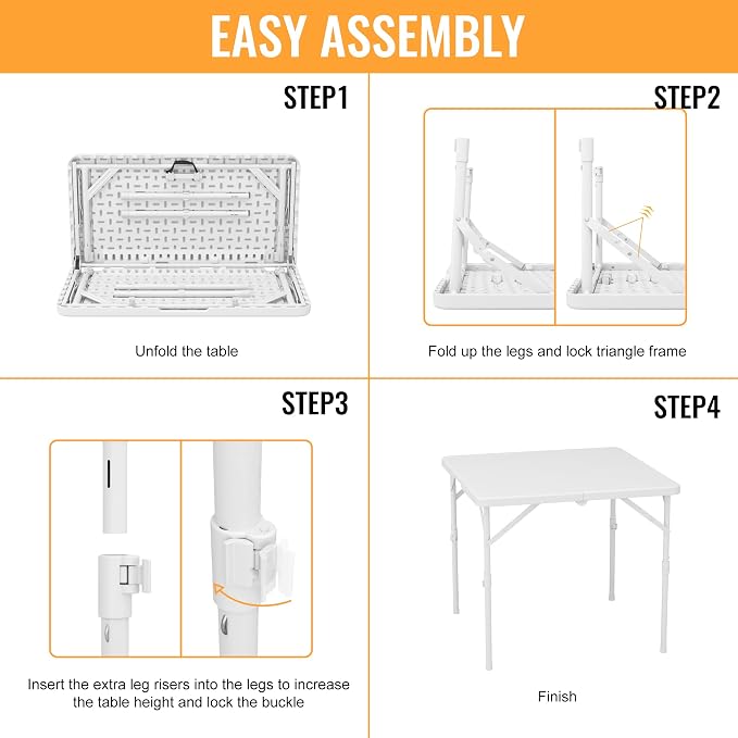 Allpop 34'' Square Folding Card Table, Fold-in-Half Portable Plastic Dining Table with Carry Handle & 2 Heights for Picnic Party Commercial Events, White