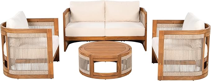 VilroCaz 4-Piece Patio Conversation Set, All Weather Sectional Sofa Set w/ 2 Chairs, Loveseat & Table Premium, Acacia Wood Outdoor Furniture Set with Woven Rope Accents and Cushions (Teak+Beige)