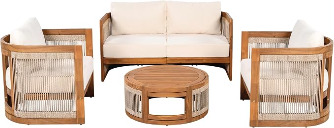 4-Piece Patio Conversation Set,All Weather Sectional Sofa Set w/ 2 Chairs, Loveseat & Table Premium, Acacia Wood Outdoor Furniture Set with Woven Rope Accents and Cushions (Teak+ Beige#82)