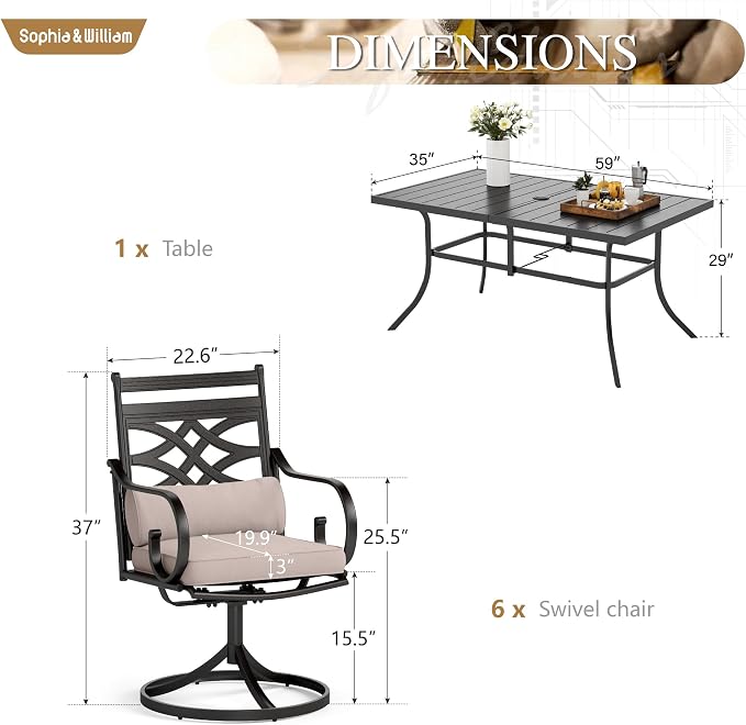 Sophia & William Patio Dining Set, Steel, Black | Umbrella Hole, Swivel Chairs, E-Coated, Cushions Included, For Patio, Garden and Yard