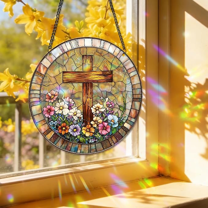 Acrylic Suncatcher Window Hanging, Cross Sun Catcher Rainbow Indoor Window Decoration for Living Room Bedroom, Summer Home Balcony Ornaments Deco, 7.87 x 7.87 inches