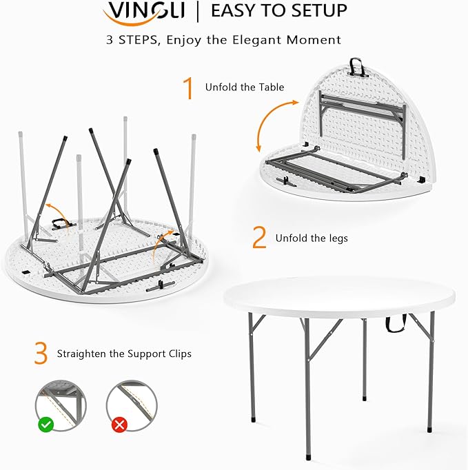 VINGLI White 48" Round Bi-Folding Commercial Table, 4 Feet Portable Plastic Dining Card Table for Kitchen or Outdoor Party Wedding Event, 4-Pack