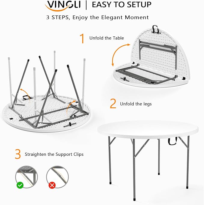 VINGLI White 48" Round Bi-Folding Commercial Table, 4 Feet Portable Plastic Dining Card Table for Kitchen or Outdoor Party Wedding Event, 2-Pack