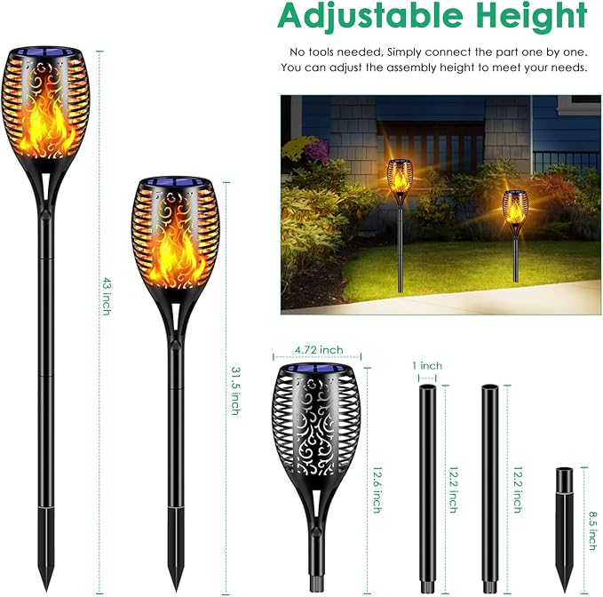 TomCare Flickering Flame Solar Torch Lights Outdoor, 43" Tall, 4 Pack | Realistic 99-LED Flame Effect, Charges in 6-8 Hours, 10-12-Hour Runtime, IP65 Waterproof, Auto On/Off for Yard, Patio, Garden