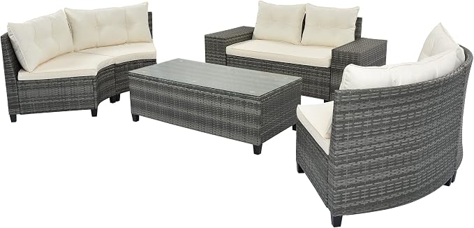 8-pieces Outdoor Patio Half-Moon Sectional Sofa Sets With Rectangular Coffee Table, All Weather PE Rattan Wicker Curved Sofa Set, Water-resistant and UV Protected Conversation Sets (Beige 8-pieces)