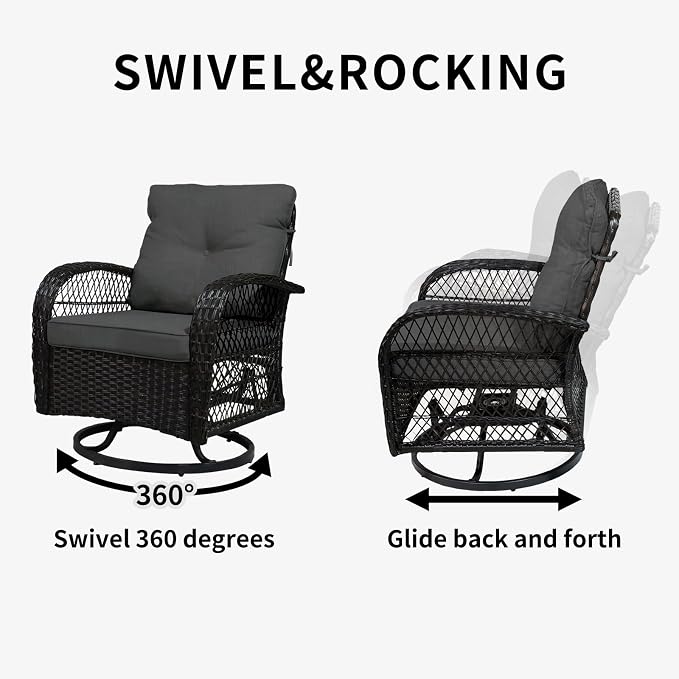 SHGJ&SOFT 3 Piece Patio Furniture Set, 2 Outdoor Swivel Rocking Chairs with Side Table, Wicker Glider Chairs, All-Weather Rattan Bistro Set for Porch, Deck, Pool (Grey, Brown Open-Weave Rattan)