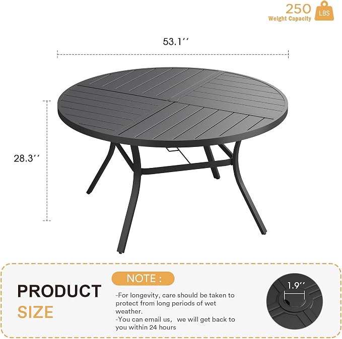 VICLLAX Round Patio Table with Adjustable Umbrella Hole for 6, All Weather 53.1" Metal Outdoor Dining Table for Lawn Garden, Black
