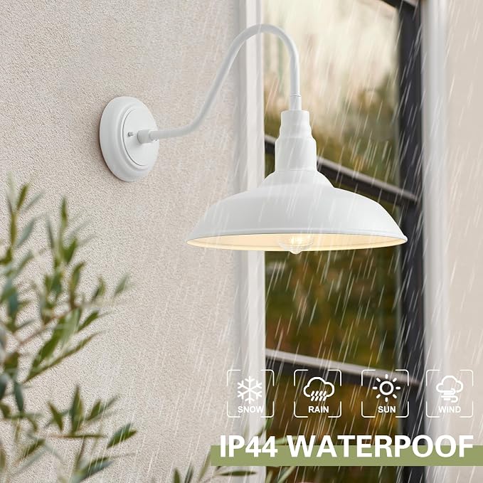 10 Inch Dome Outdoor Gooseneck Barn Lights for Porch, Farmhouse Exterior Light Fixture with Wall Mount, Matte White Outside Patio Wall Sconce for Front Door, Garage, Entryway, Home