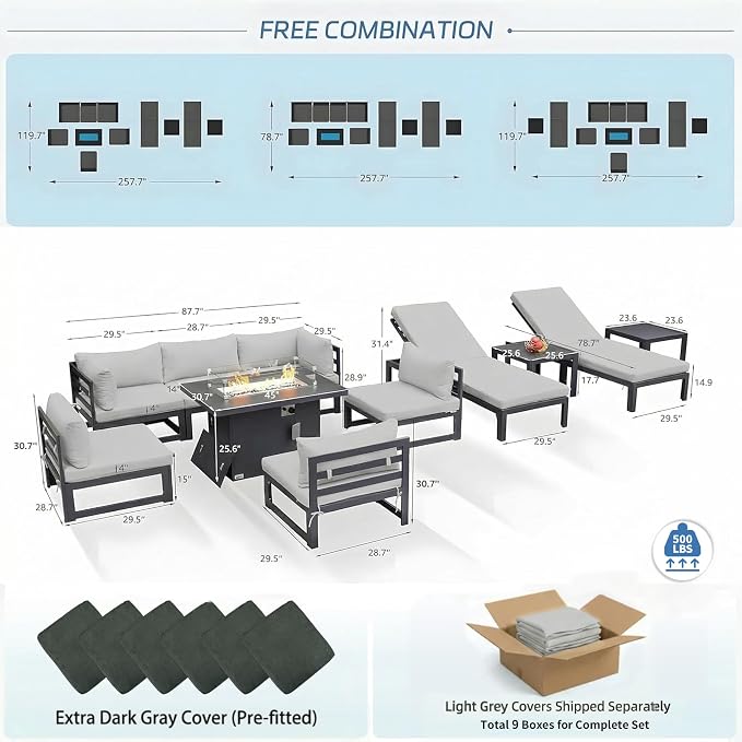 NICESOUL 8 People Large Modern Aluminum Outdoor Sofa with Chaise & Firepit Table, 29" Deep Wide Seat, 500 lbs Durable Sectional Set for Heavy People, Anti-Rust Patio Furniture Set for Deck, Light Grey