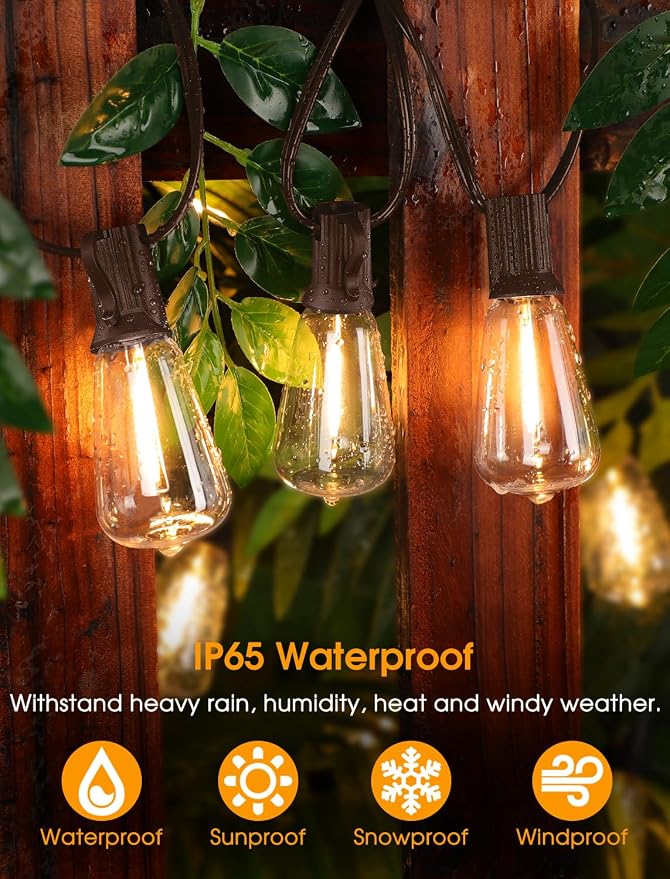 25FT Outdoor String Lights, Patio Lights with 10+1 LED Dimmable Waterproof Shatterproof Linkable ST38 Bulbs for Fence Porch Gazebo, Brown