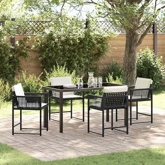5 Piece Outdoor Dining Set, Black Poly Rattan Patio Table and 4 Chairs, Modern Garden Furniture for Backyard Deck Balcony