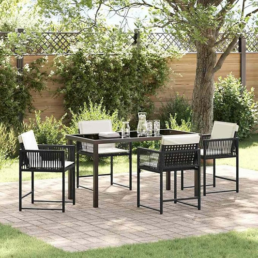 5 Piece Outdoor Dining Set, Black Poly Rattan Patio Table and 4 Chairs, Modern Garden Furniture for Backyard Deck Balcony